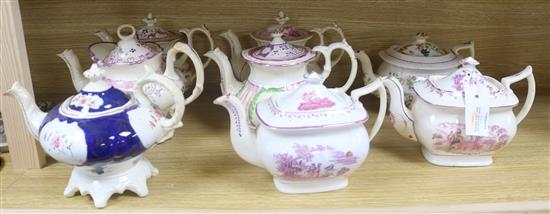 Eight 19th century pink lustre teapots